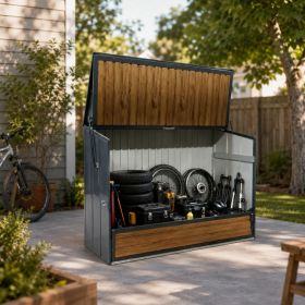 Wood Grain Galvanized Steel Storage Cabinet, Lift-Up Top & Foldable Front Door Large Capacity Tool Cabinet For Indoor, Garage