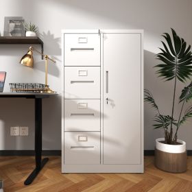 Metal Vertical Filing Cabinet W Lock, Steel File Locker W 4 Drawers & 1 Door, White For School Living Room Bedroom Office