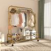 Sturdy Metal Double Rod Garment Rack with Wheels Portable Clothes Rack with Shelves and Hooks Heavy Duty Hanging Organizer for Clothes Bedroom Laundry
