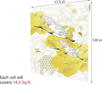 Crane Wallpaper Peel and Stick White Yellow Floral Bird Wallpaper for Bathroom Bedroom Vintage Wall Paper 17.5x120 Inch Traditional Flower Bird Murals