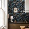 Gold/Yellow/Blue Peacock Animal Plants Dark Black Peel and Stick Wallpaper Stick on Contact Paper Vintage Wall Paper Easy Peel Off for nightstand Draw