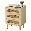 3-Drawer Nightstand with Rattan-Style Finish 15.75"*13.78"*23.82" with Power Outlet Oak