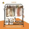 Sturdy Metal Double Rod Garment Rack with Wheels Portable Clothes Rack with Shelves and Hooks Heavy Duty Hanging Organizer for Clothes Bedroom Laundry