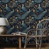 Gold/Yellow/Blue Peacock Animal Plants Dark Black Peel and Stick Wallpaper Stick on Contact Paper Vintage Wall Paper Easy Peel Off for nightstand Draw