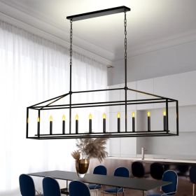 10 Lights Farmhouse Black Chandelier Rectangular Linear Pendant Lighting For Dining Room Kitchen Island