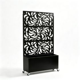 70.87" H × 46.06" W Leaf Pattern Privacy Screen with Planter Box, Black Metal Freestanding Decorative Fence Planter for Patio Balcony Backyard (Option: Black)
