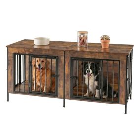 Double Dog Crate Furniture With Divider, Heavy Duty Pet Kennel End Table TV Stand, Extra Large Double Door (Option: Rustic Finish  54IN)