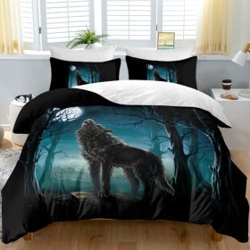 Moon Wolf Bedding Green Watercolor Forest Wolf Landscape Duvet Cover Sets 3 Pieces Wild Animal Bedding Set Twin Full Queen King Size (Option: Full-Black)
