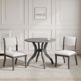 Oak Gray Dining Table Set:39.4" Round Table + 2 Chairs - Traditional Solid Wood Kitchen Set with Inlaid Tabletop, Elegant Curved Legs for Dining Room (Option: Grey,Linen)