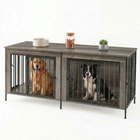 Double Dog Crate Furniture With Divider, Heavy Duty Pet Kennel End Table TV Stand, Extra Large Double Door (Option: Gray  54IN)