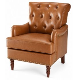 Nailhead Trim Faux Leather Accent Chair, Tufted Armchair For Bedroom And Study (Option: Camel)