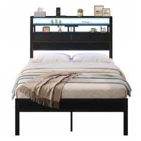 Full Bed Frame With Charging Station And LED Lights, Wood Headboard, 2 Fabric Drawers And Storage Shelves, Metal Slats, No Box Spring Needed (Option: Black  Twin)