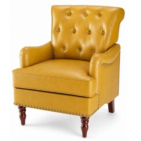 Nailhead Trim Faux Leather Accent Chair, Tufted Armchair For Bedroom And Study (Option: Yellow)